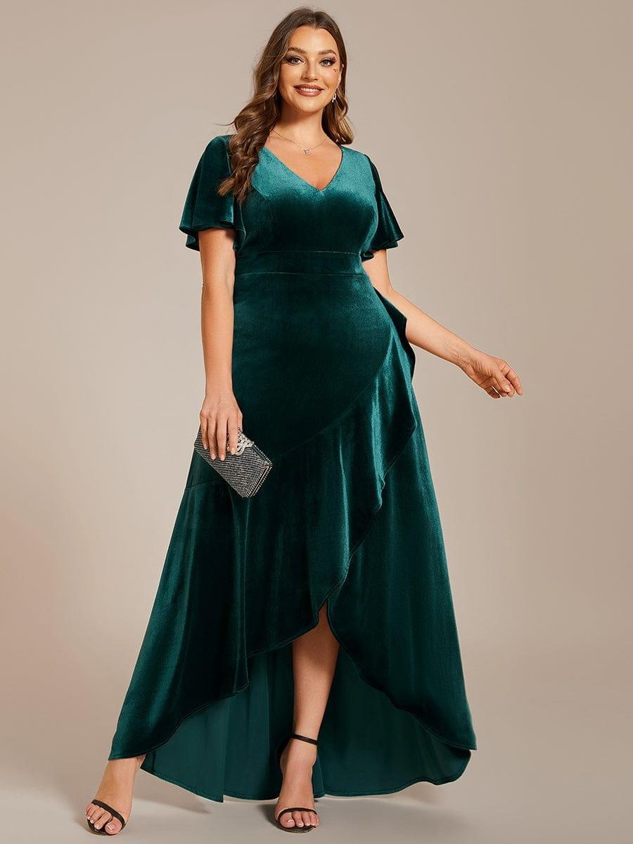 Velvet Luxe Draped partywear Gown with V-Neck & Flared Sleeves  Emerald Envy