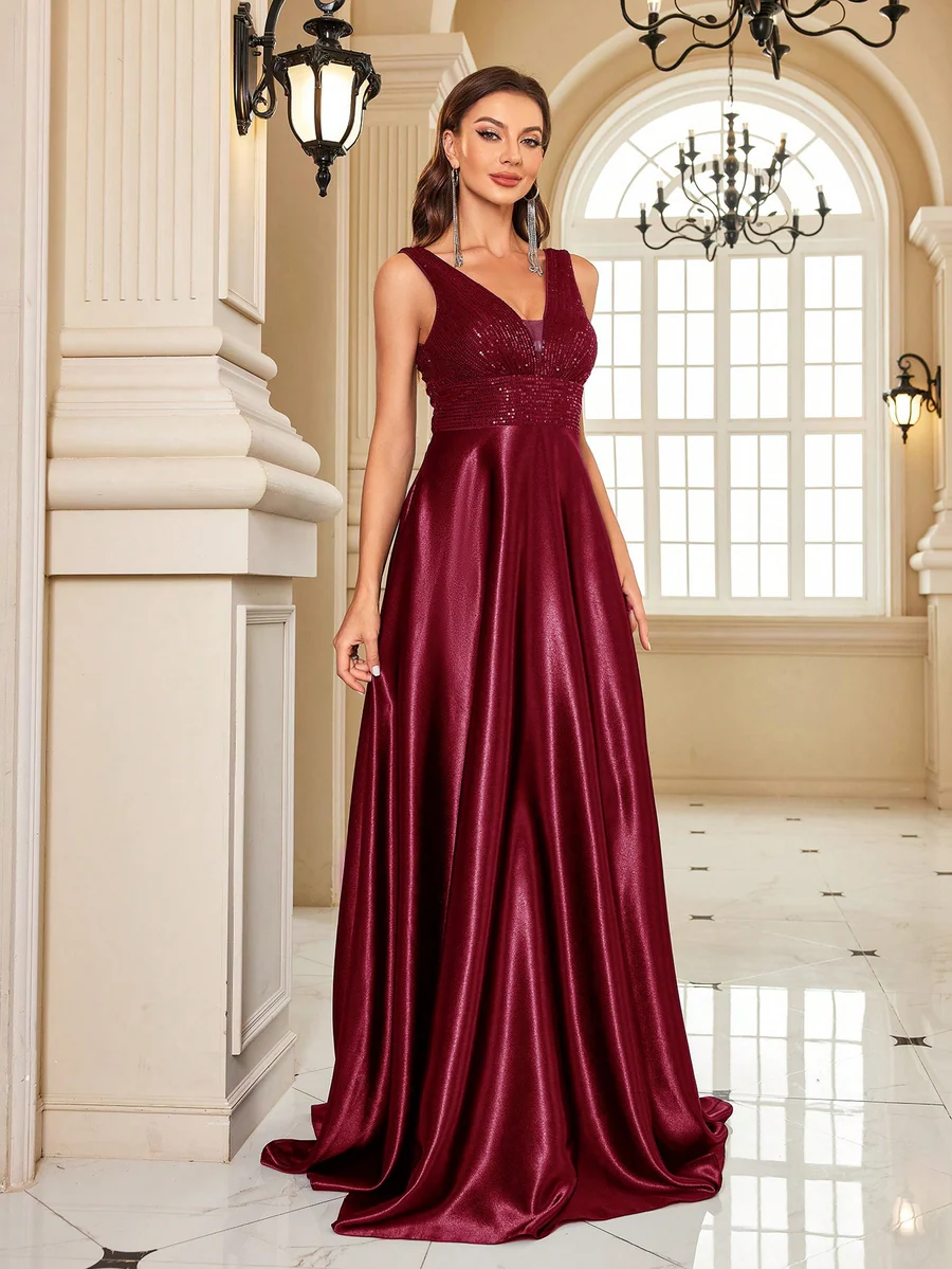 Partywear Elegant Sequin Bodice with Flowing Satin A-Line Elegant Maroon