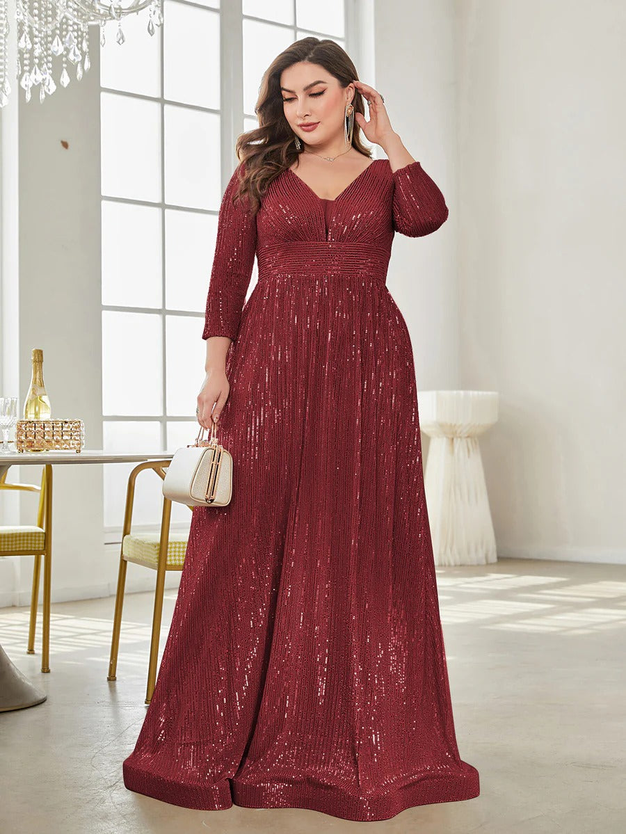 Partywear Sparkling Sequin V-Neck Evening Gown with Three-Quarter Sleeves and Flowing A-Line Maroon Gown
