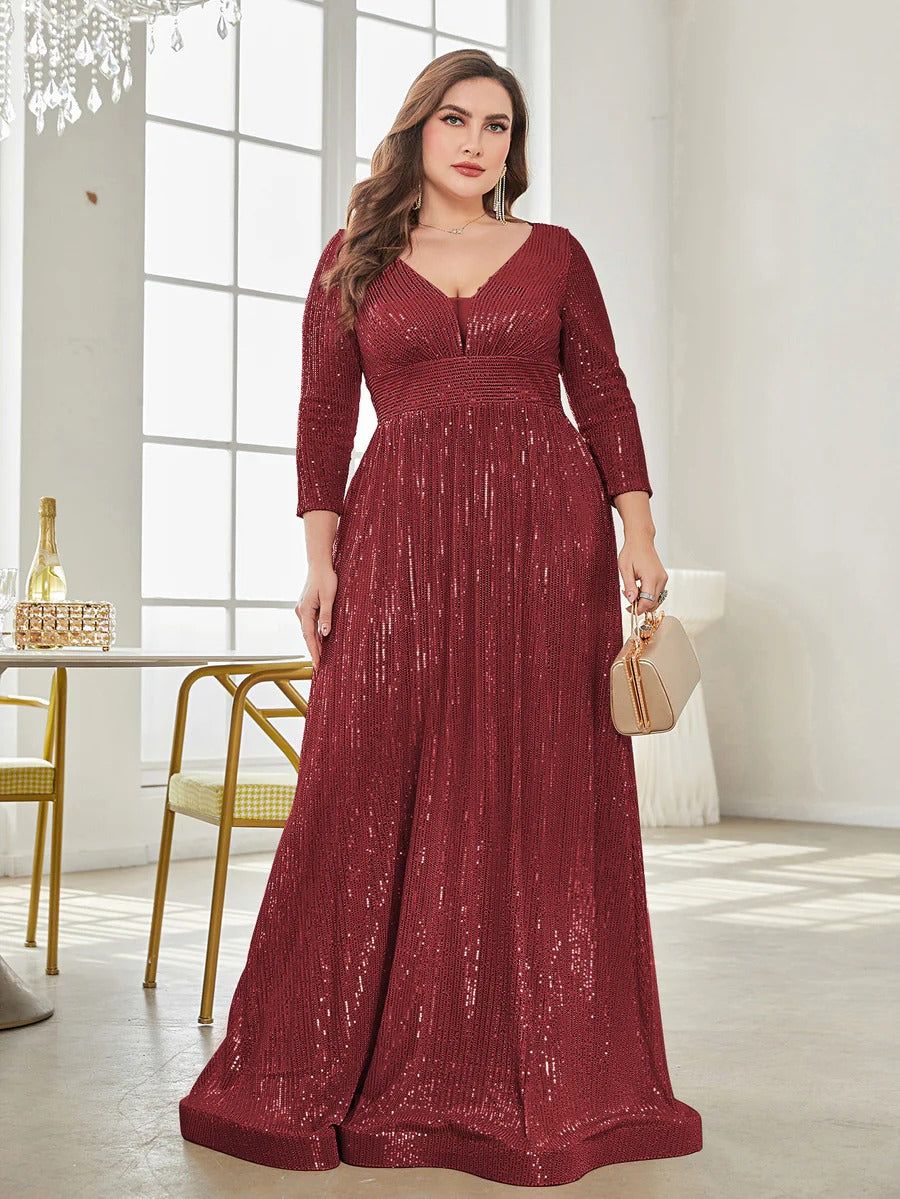 Partywear Sparkling Sequin V-Neck Evening Gown with Three-Quarter Sleeves and Flowing A-Line Maroon Gown