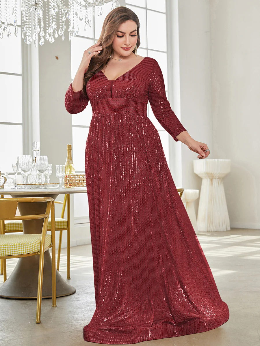 Partywear Sparkling Sequin V-Neck Evening Gown with Three-Quarter Sleeves and Flowing A-Line Maroon Gown