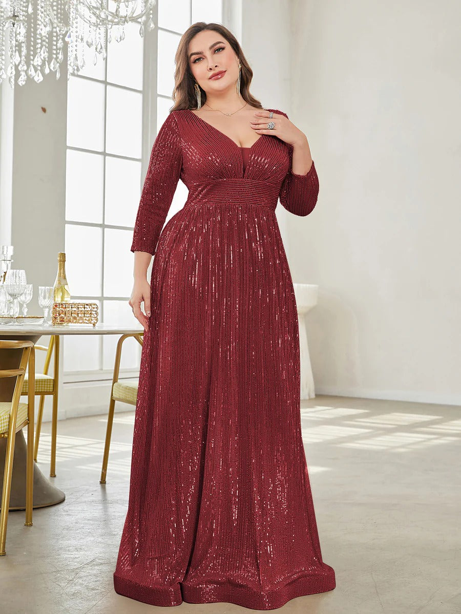 Partywear Sparkling Sequin V-Neck Evening Gown with Three-Quarter Sleeves and Flowing A-Line Maroon Gown