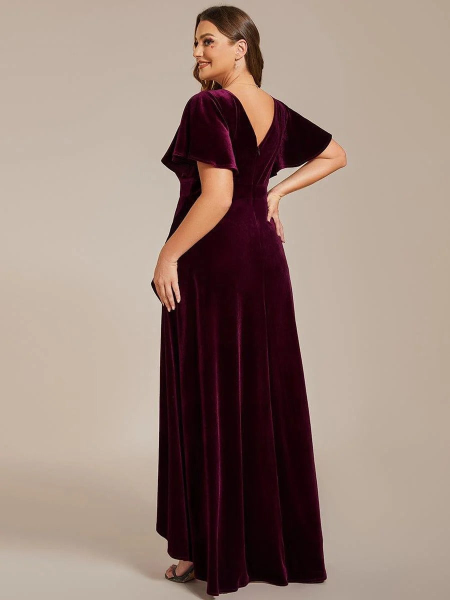 Velvet Luxe Draped Partywear Gown with V-Neck & Flared Sleeves