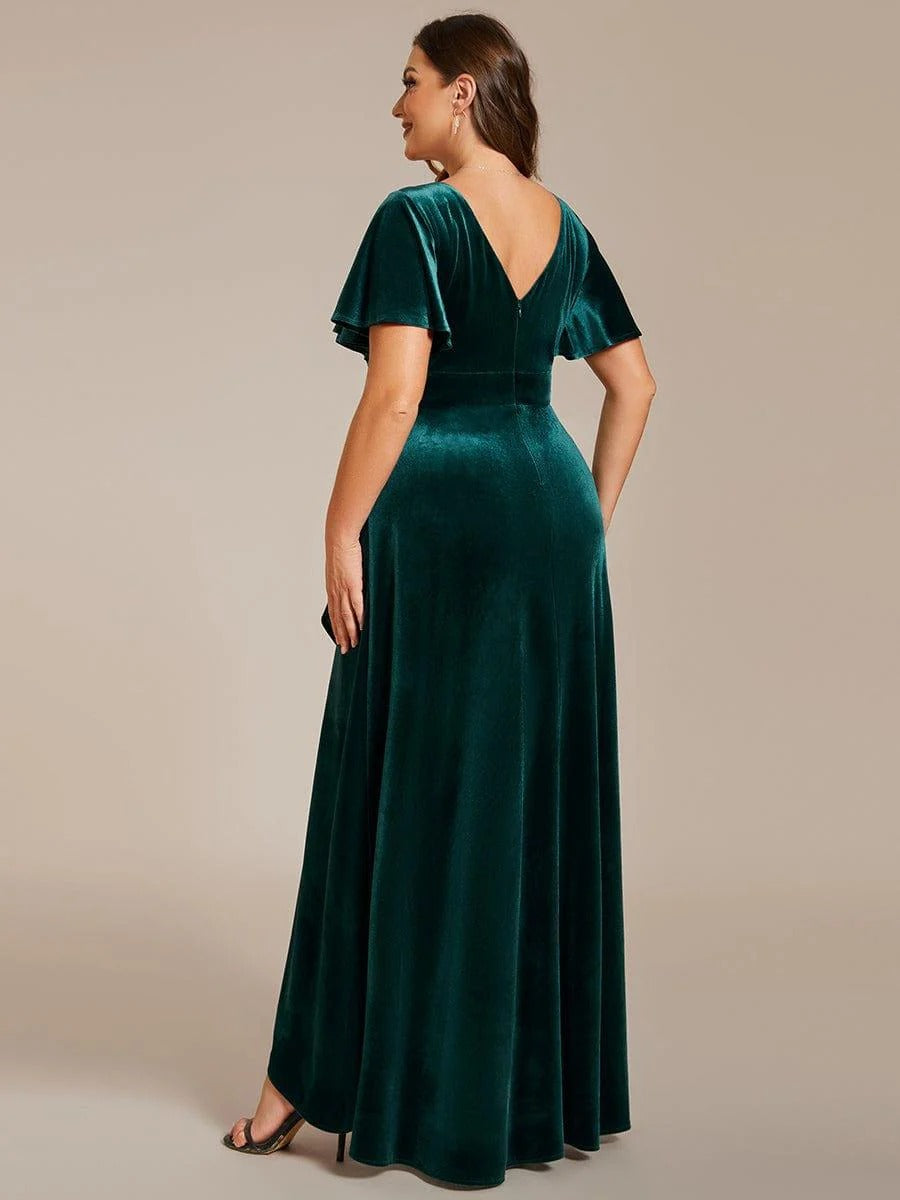 Velvet Luxe Draped partywear Gown with V-Neck & Flared Sleeves  Emerald Envy