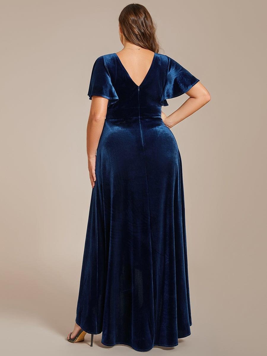Velvet Luxe Draped Partywear Gown with V-Neck & Flared Sleeves Midnight Sapphire