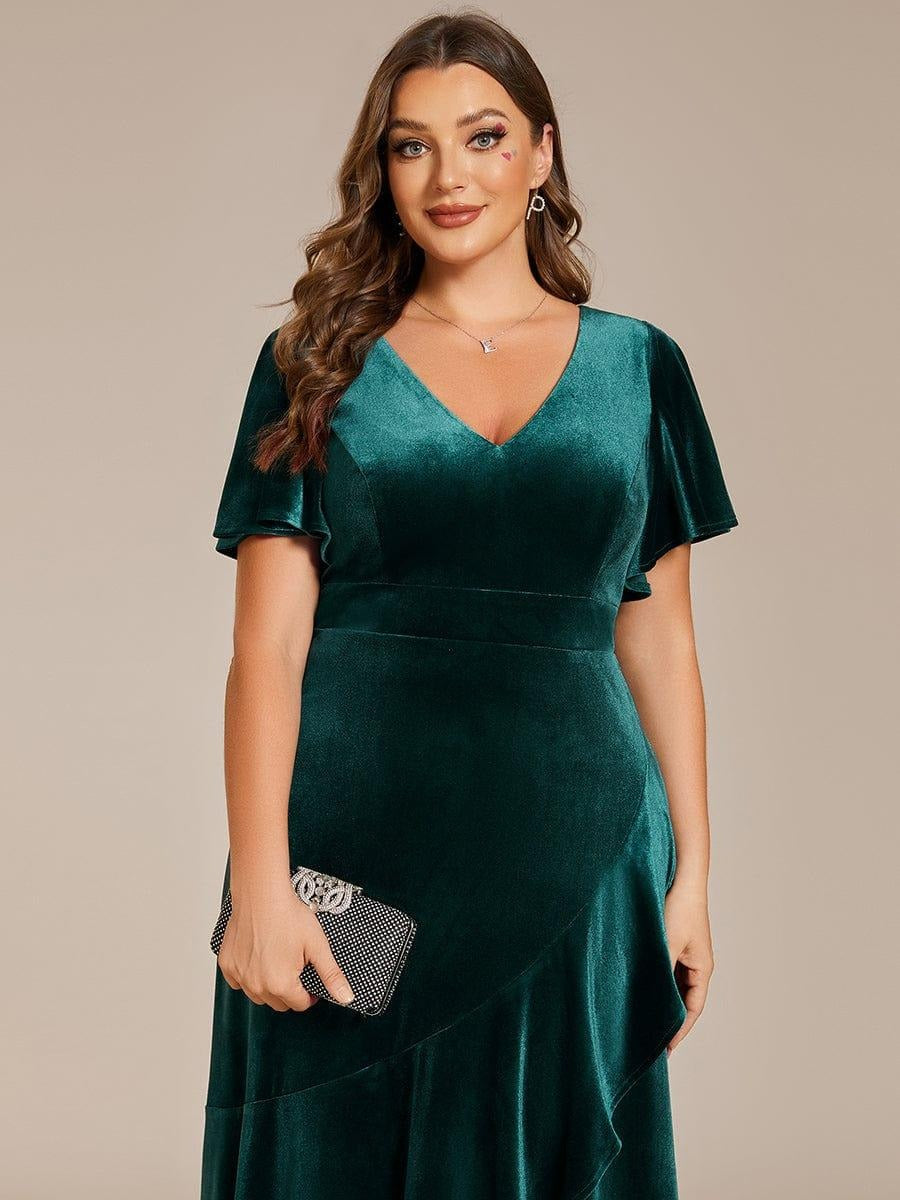 Velvet Luxe Draped partywear Gown with V-Neck & Flared Sleeves  Emerald Envy