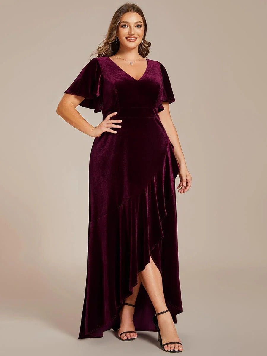 Velvet Luxe Draped Partywear Gown with V-Neck & Flared Sleeves