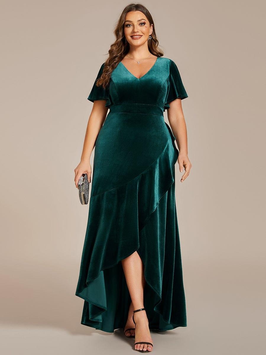 Velvet Luxe Draped partywear Gown with V-Neck & Flared Sleeves  Emerald Envy