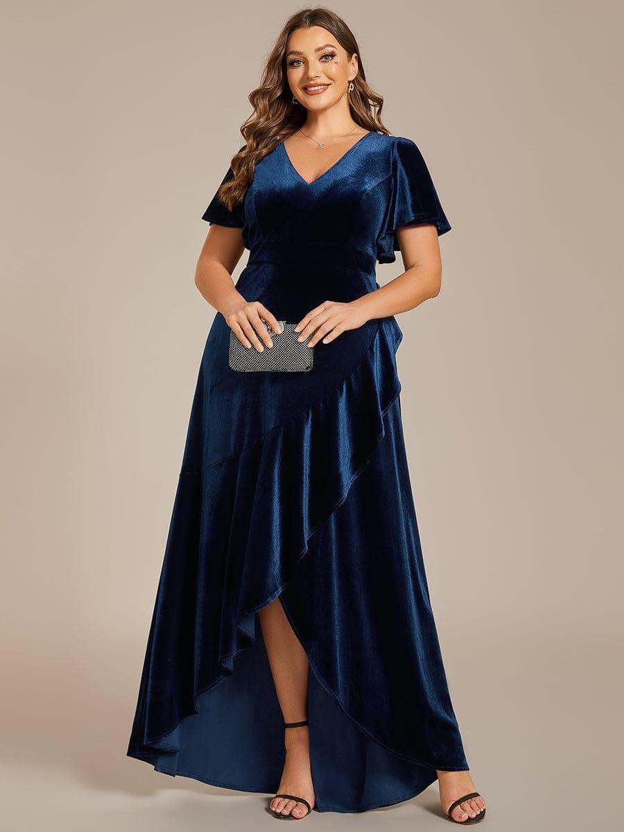Velvet Luxe Draped Partywear Gown with V-Neck & Flared Sleeves Midnight Sapphire