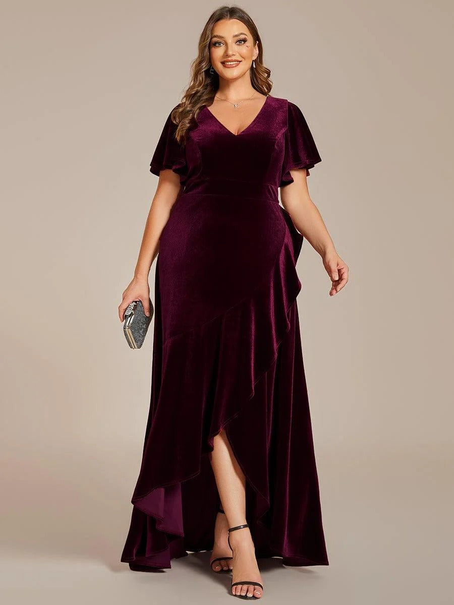 Velvet Luxe Draped Partywear Gown with V-Neck & Flared Sleeves