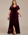 Velvet Luxe Draped Partywear Gown with V-Neck & Flared Sleeves