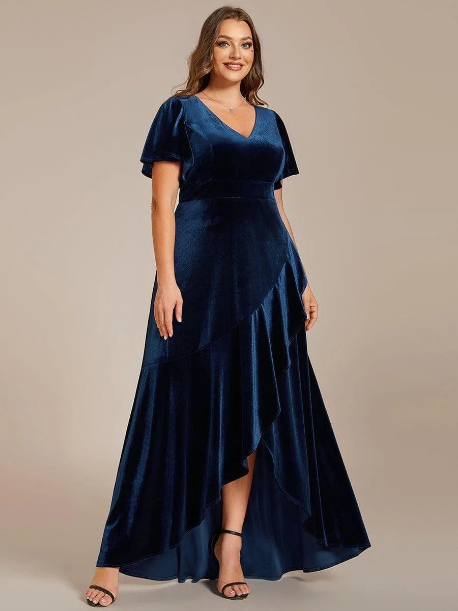 Velvet Luxe Draped Partywear Gown with V-Neck & Flared Sleeves Midnight Sapphire