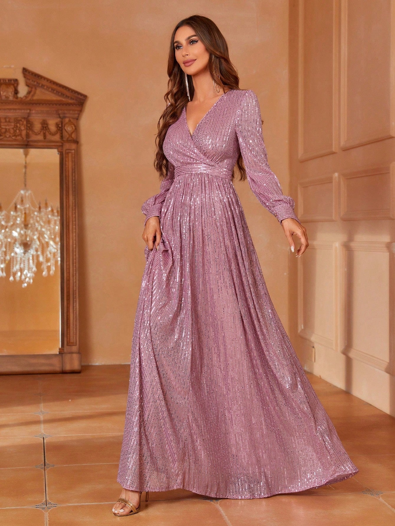 Shimmer Sequin Georgette Maxi Gown with Puff Sleeves & Cinched Waist & Evening Lavender Party Wear  Gown