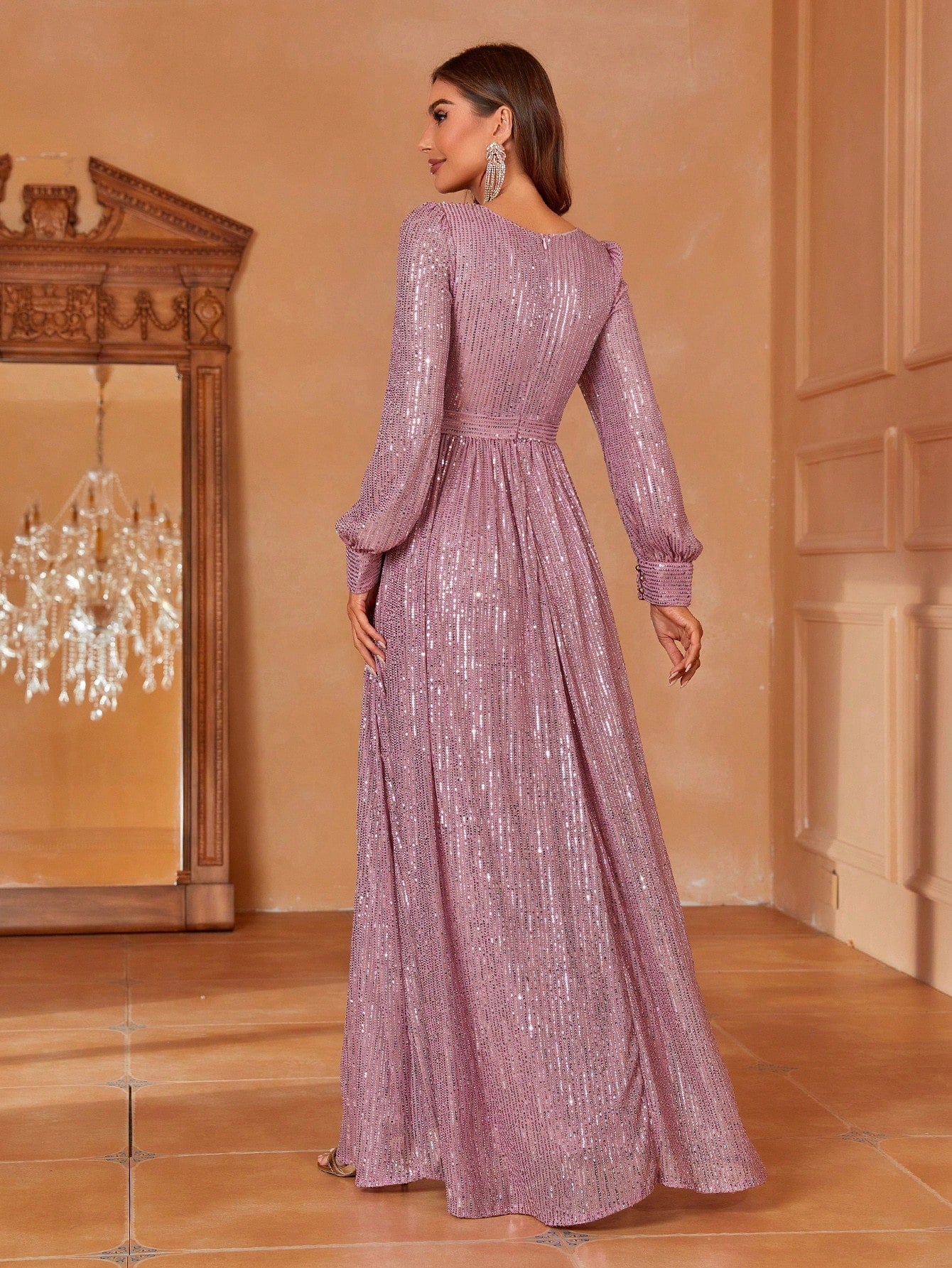 Shimmer Sequin Georgette Maxi Gown with Puff Sleeves & Cinched Waist & Evening Lavender Party Wear  Gown