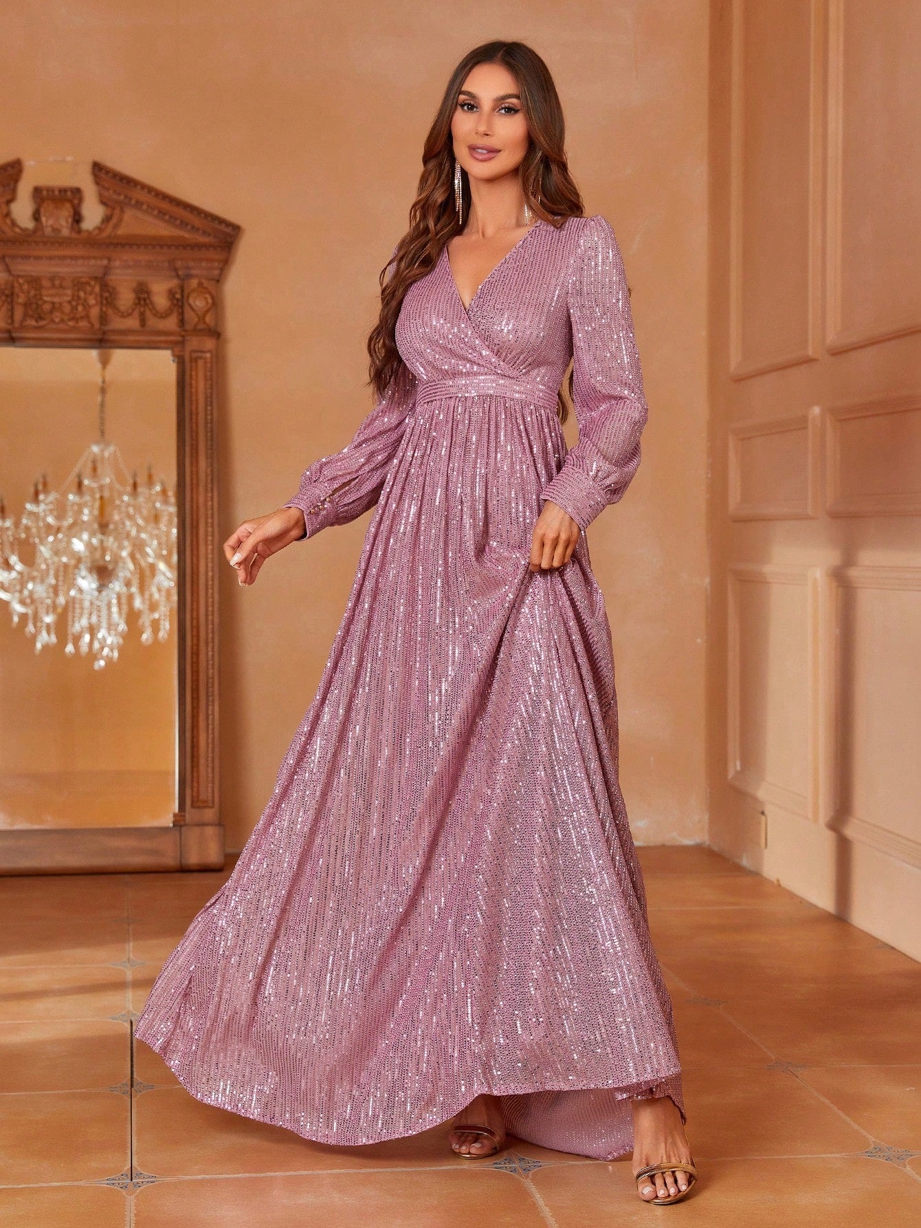 Shimmer Sequin Georgette Maxi Gown with Puff Sleeves & Cinched Waist & Evening Lavender Party Wear  Gown