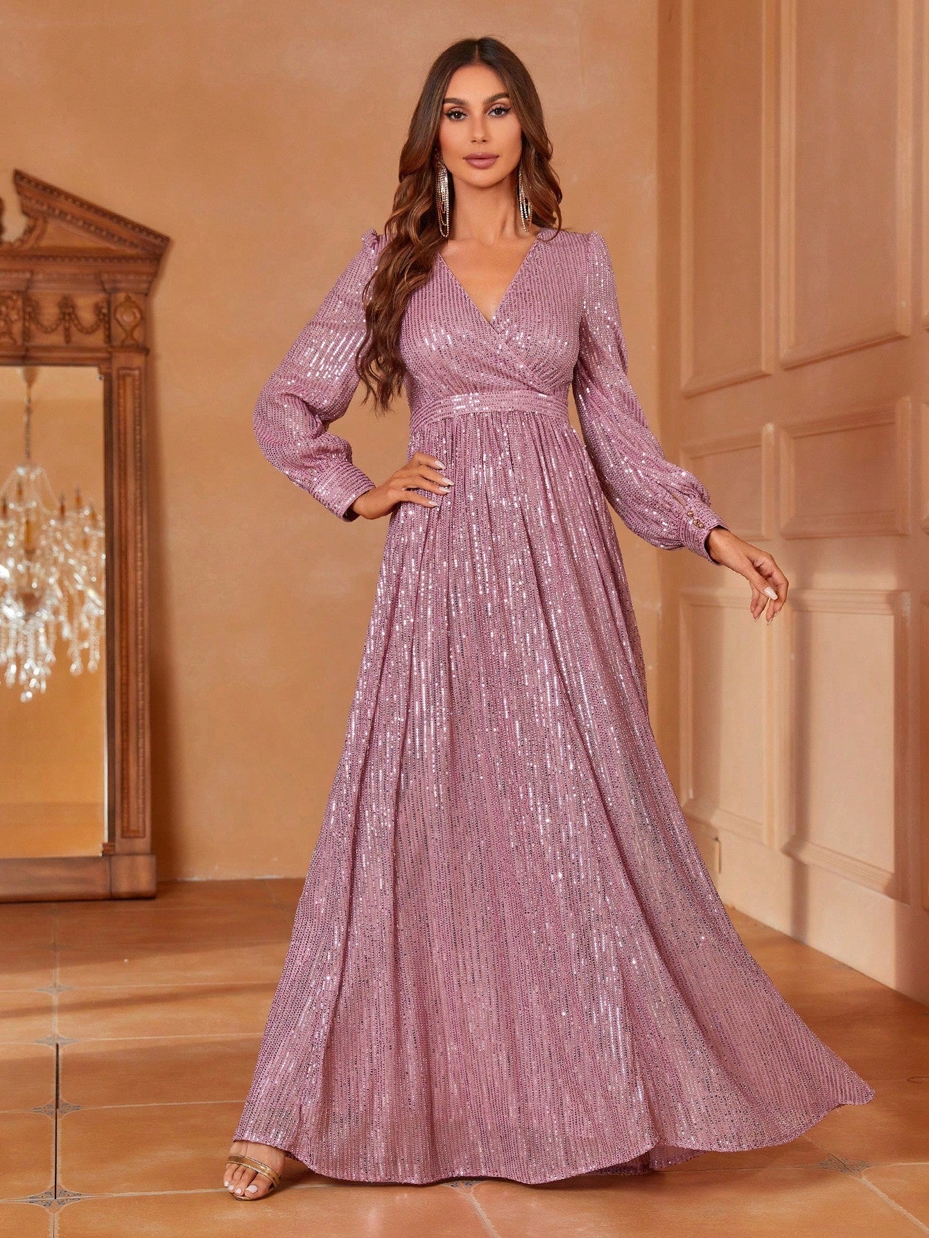Shimmer Sequin Georgette Maxi Gown with Puff Sleeves & Cinched Waist & Evening Lavender Party Wear  Gown