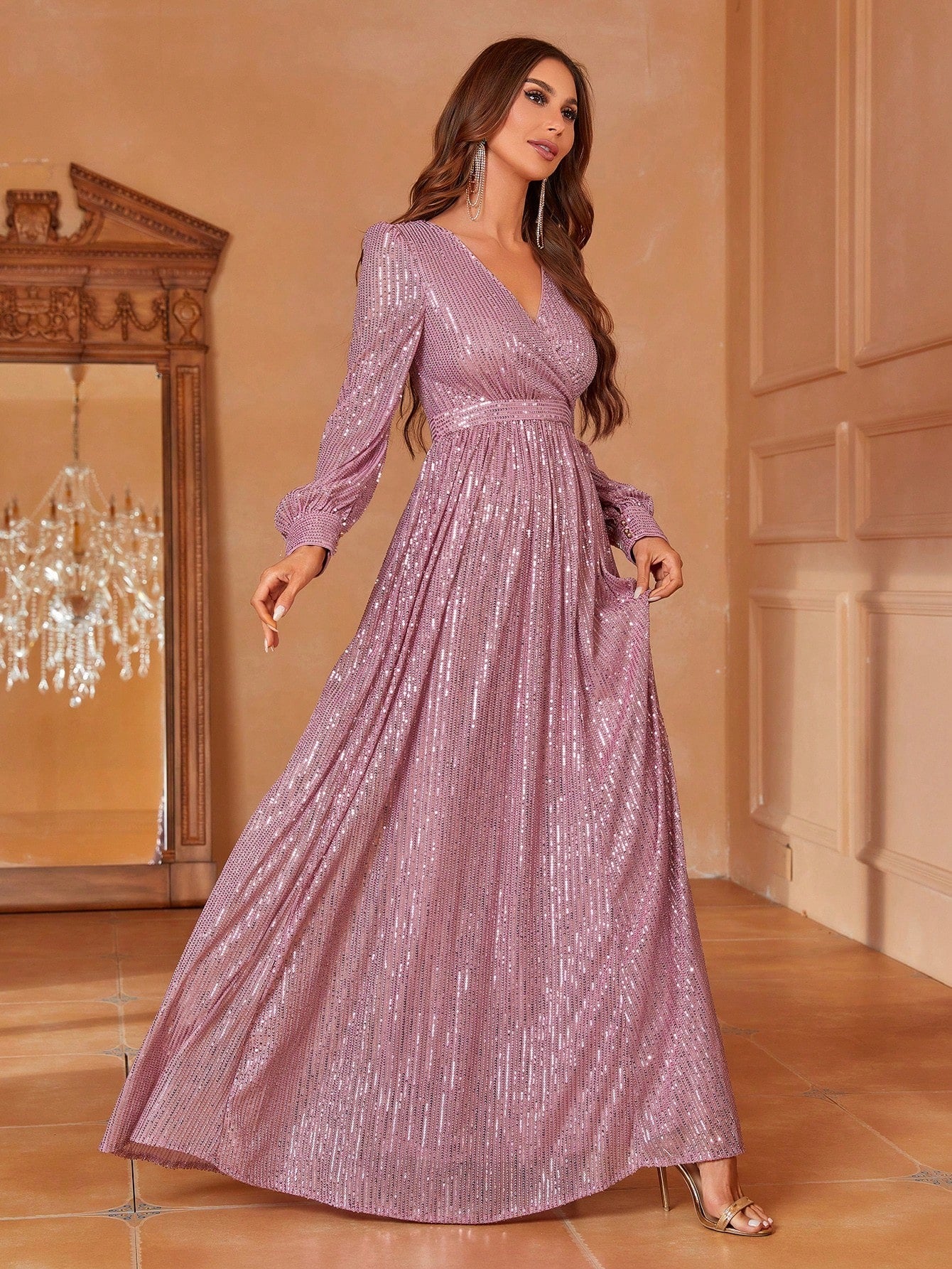 Shimmer Sequin Georgette Maxi Gown with Puff Sleeves & Cinched Waist & Evening Lavender Party Wear  Gown