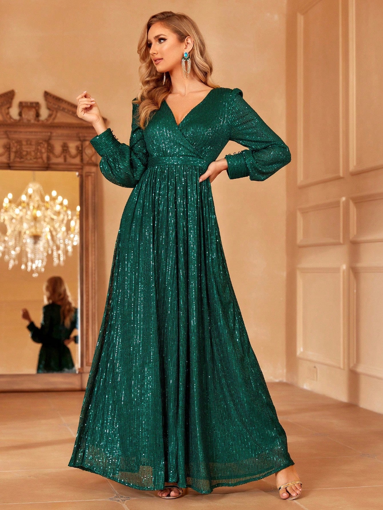Shimmer Sequin Georgette Maxi Gown with Puff Sleeves & Cinched Waist & Evening Party Wear