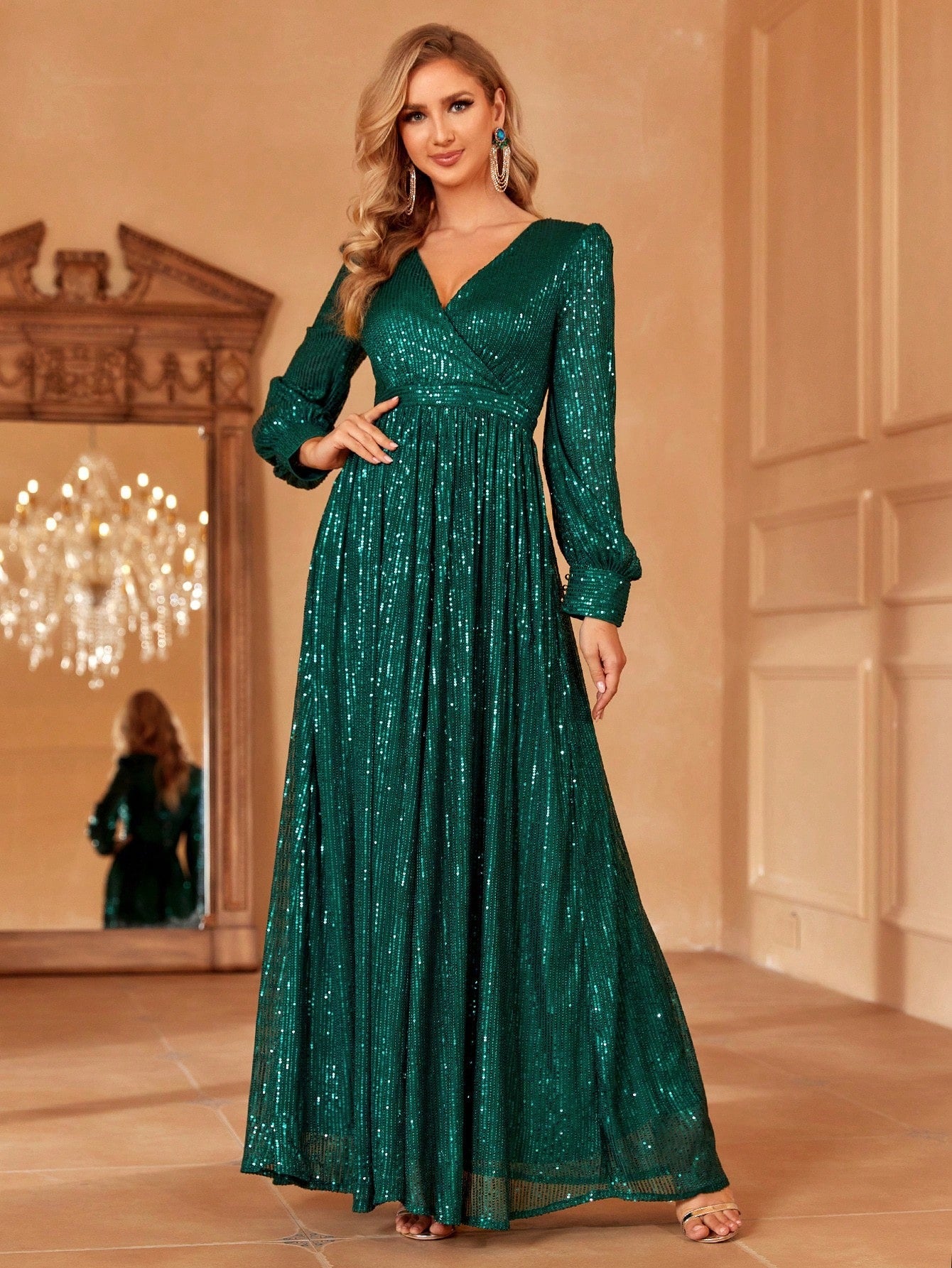Shimmer Sequin Georgette Maxi Gown with Puff Sleeves & Cinched Waist & Evening Party Wear