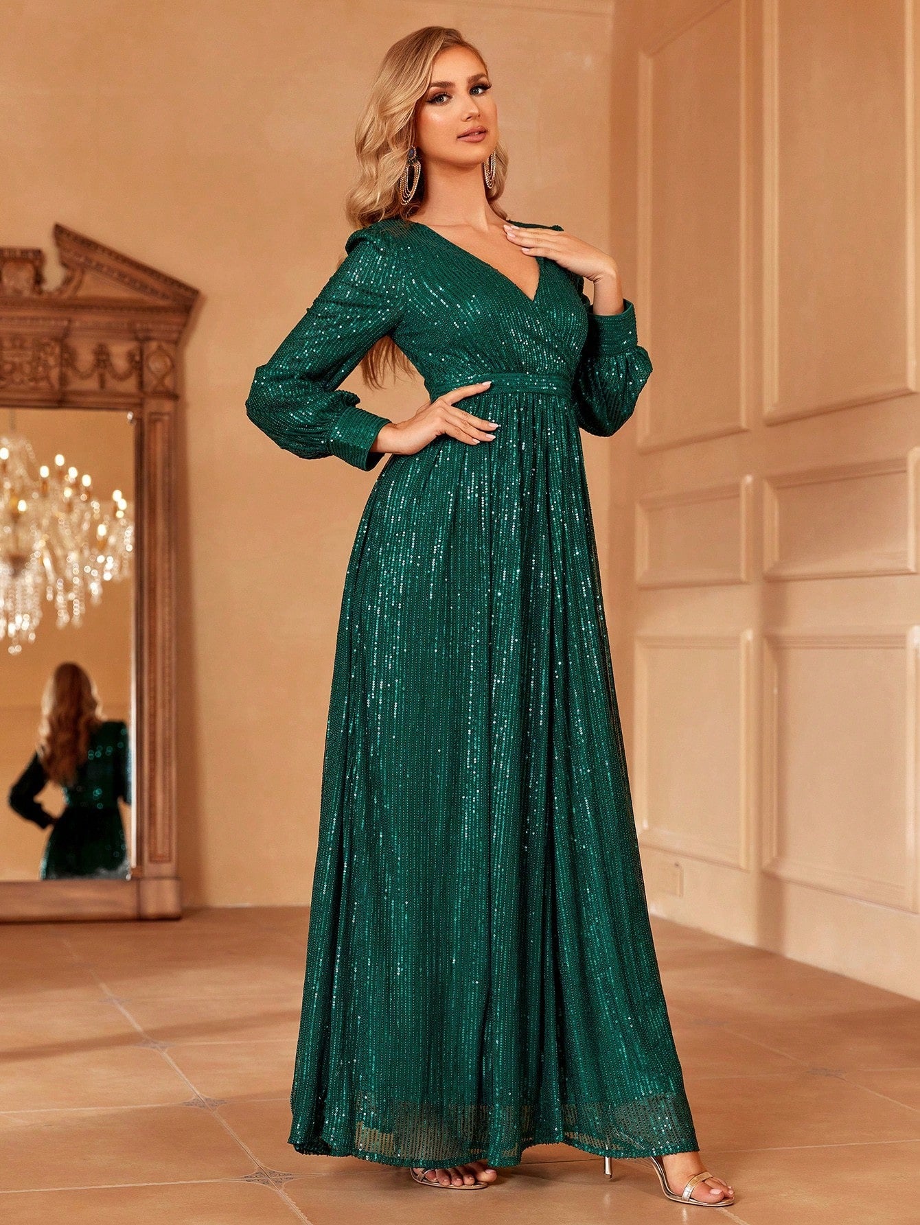 Shimmer Sequin Georgette Maxi Gown with Puff Sleeves & Cinched Waist & Evening Party Wear