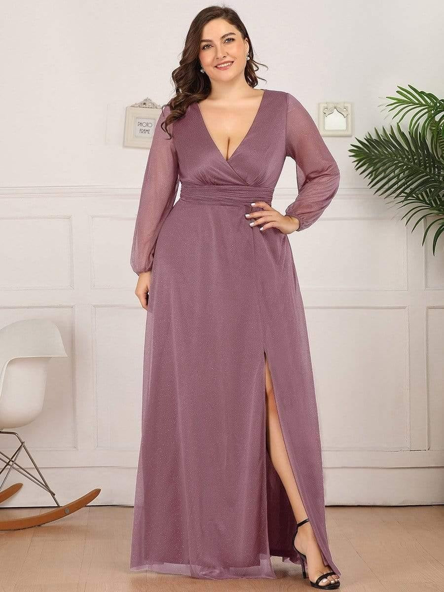 Plus Size Evening & Party Wear Star Georgettes V-Neck Gown with Satin Belt & Slit Design