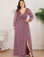 Plus Size Evening & Party Wear Star Georgettes V-Neck Gown with Satin Belt & Slit Design