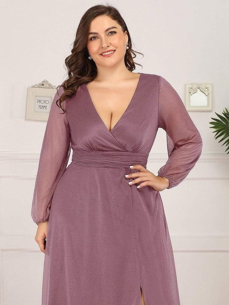 Plus Size Evening & Party Wear Star Georgettes V-Neck Gown with Satin Belt & Slit Design