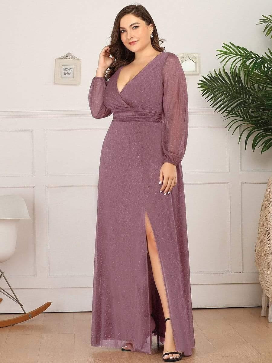 Plus Size Evening & Party Wear Star Georgettes V-Neck Gown with Satin Belt & Slit Design
