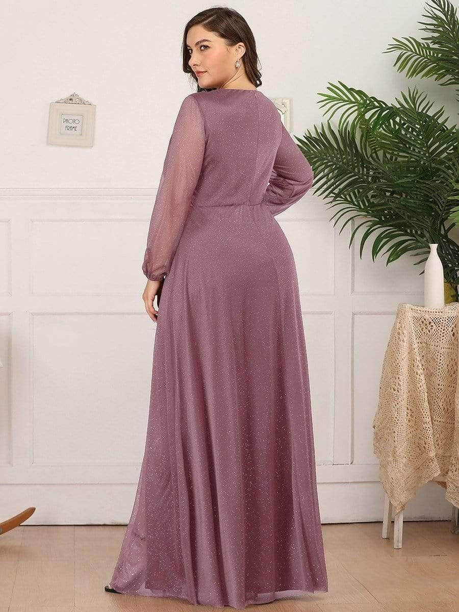 Plus Size Evening & Party Wear Star Georgettes V-Neck Gown with Satin Belt & Slit Design