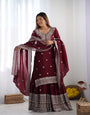 Maroon Chinnon Silk Embroidered Kurta Sharara Set with Dupatta – Wedding Wear Suit