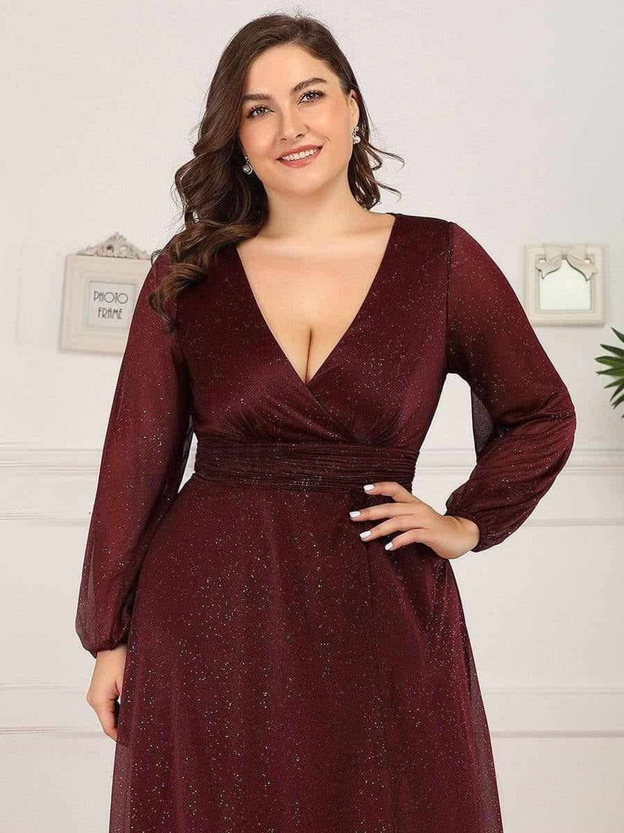Plus Size Evening & Party Wear Star Georgettes V-Neck Gown with Satin Belt & Slit Design