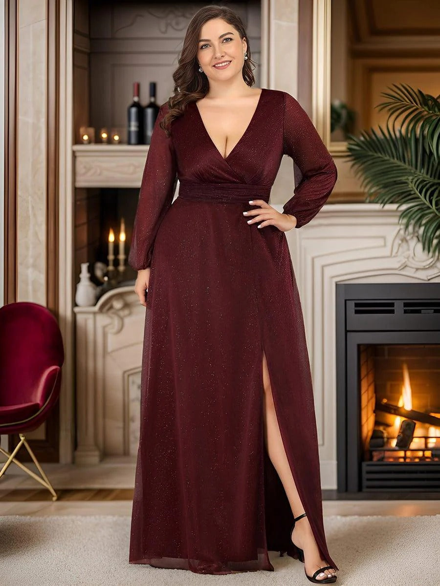 Plus Size Evening & Party Wear Star Georgettes V-Neck Gown with Satin Belt & Slit Design