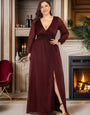 Plus Size Evening & Party Wear Star Georgettes V-Neck Gown with Satin Belt & Slit Design