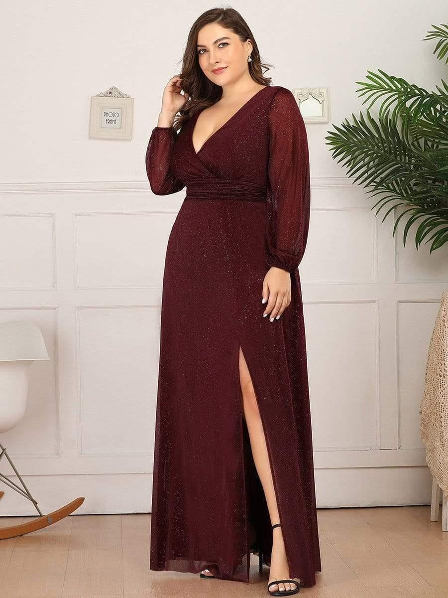 Plus Size Evening & Party Wear Star Georgettes V-Neck Gown with Satin Belt & Slit Design