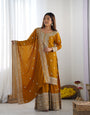 Mustard Yellow Chinnon Silk Kurta Sharara Set with Dupatta – Festive Ethnic Wear