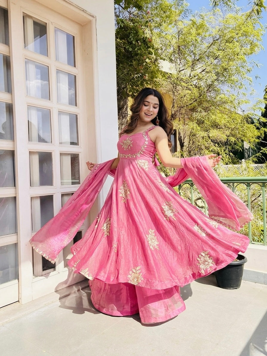 Blush Pink Embroidered Fendy Silk Party Wear Gown Sharara Set for Ganesh Chaturthi from Aahiya