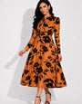 Rust Orange Floral Print Partywear western looking Midi Dress for Women | Fit & Flare Long Sleeve Dress