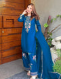 French Crepe Embroidered Suit Set with Farshi Pant & Dupatta – Teal Blue Festive Wear
