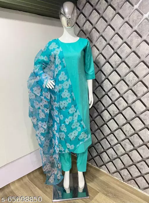 TEAL SOLID COTTON SILK KURTA SET WITH PRINTED FLORAL DUPPTA