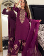 French Crepe Embroidered Suit Set with Farshi Pant & Dupatta – Wine Party Wear