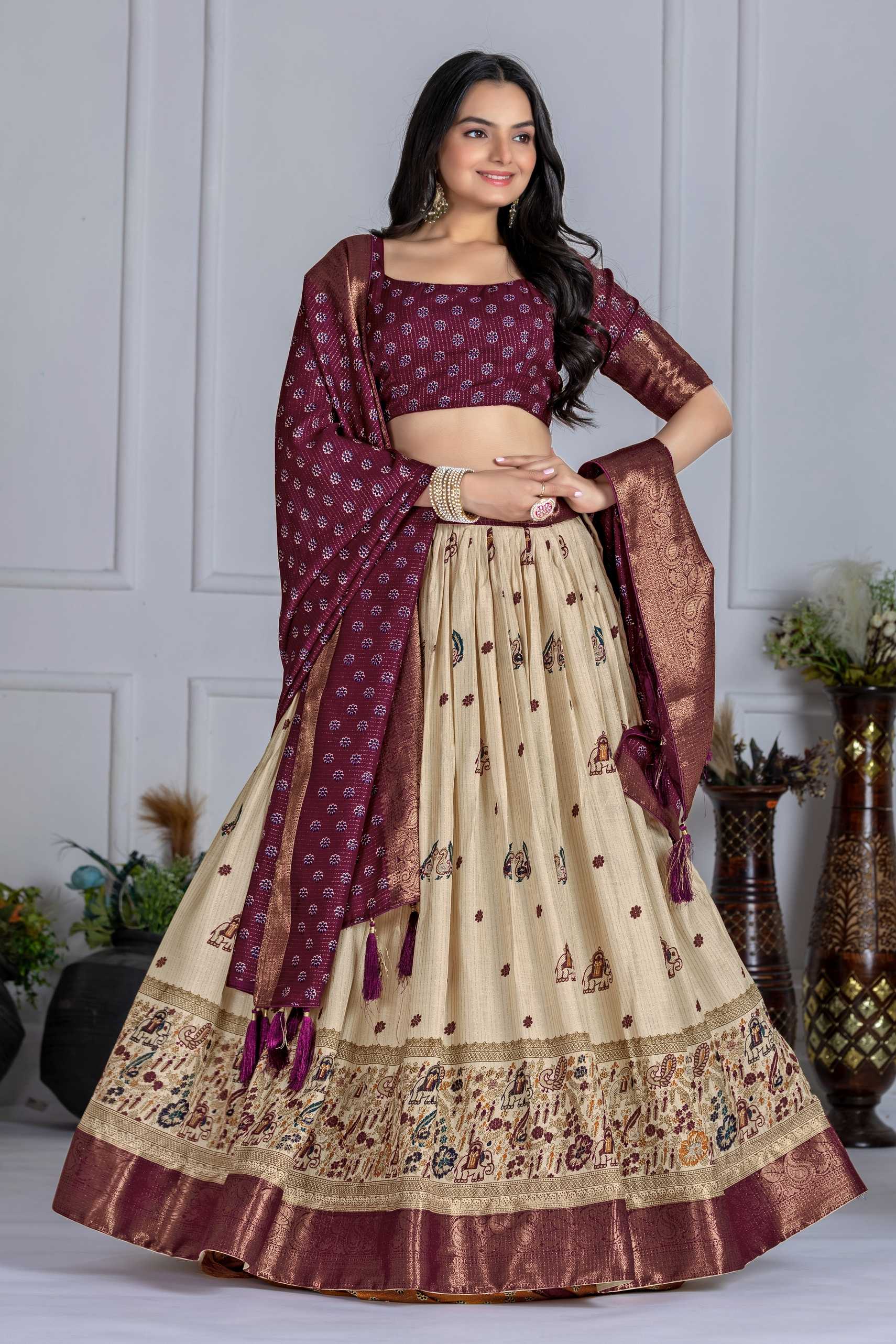 Royal Jacquard Lehenga Choli Set – Wine Royale Lehenga Set