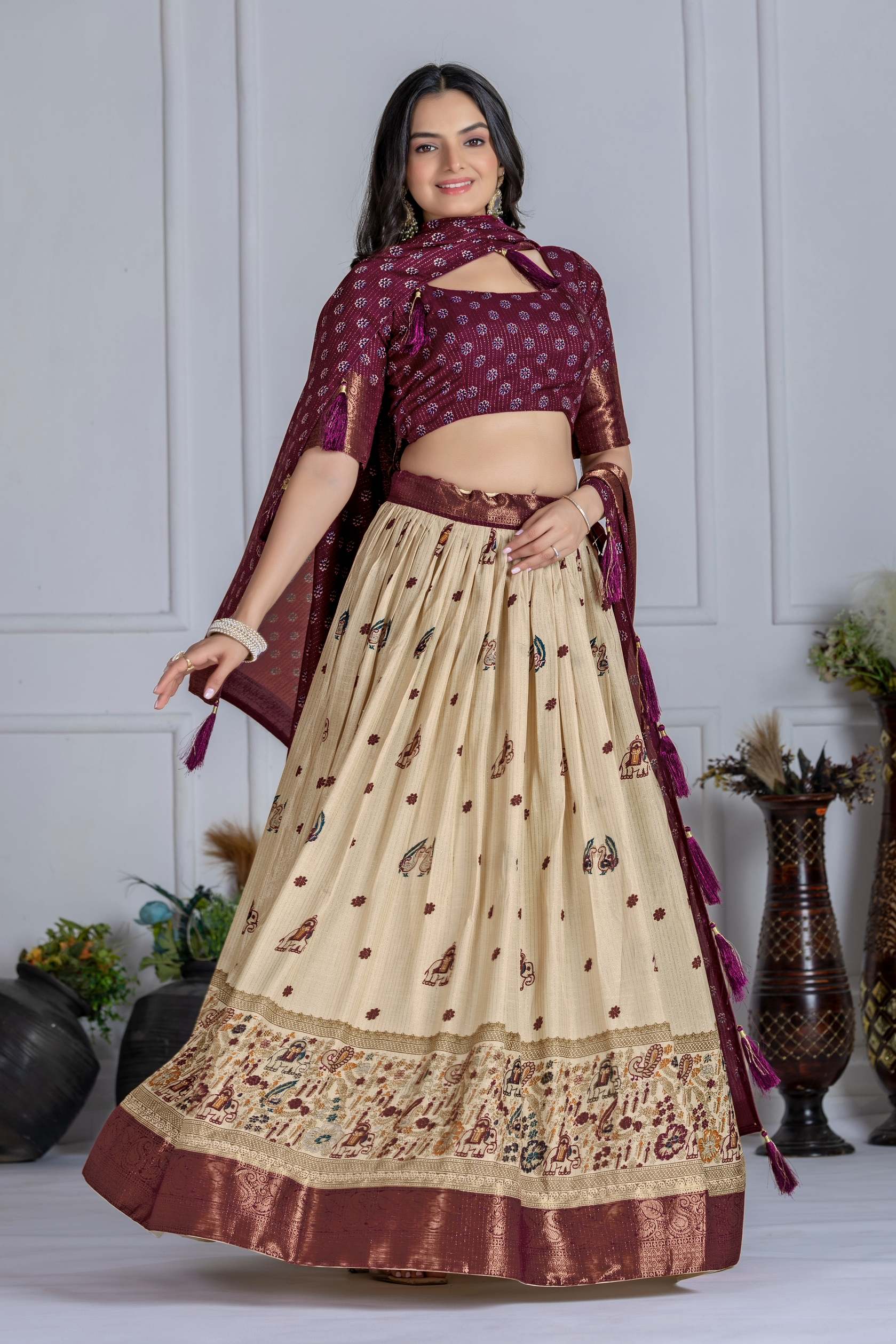 Royal Jacquard Lehenga Choli Set – Wine Royale Lehenga Set