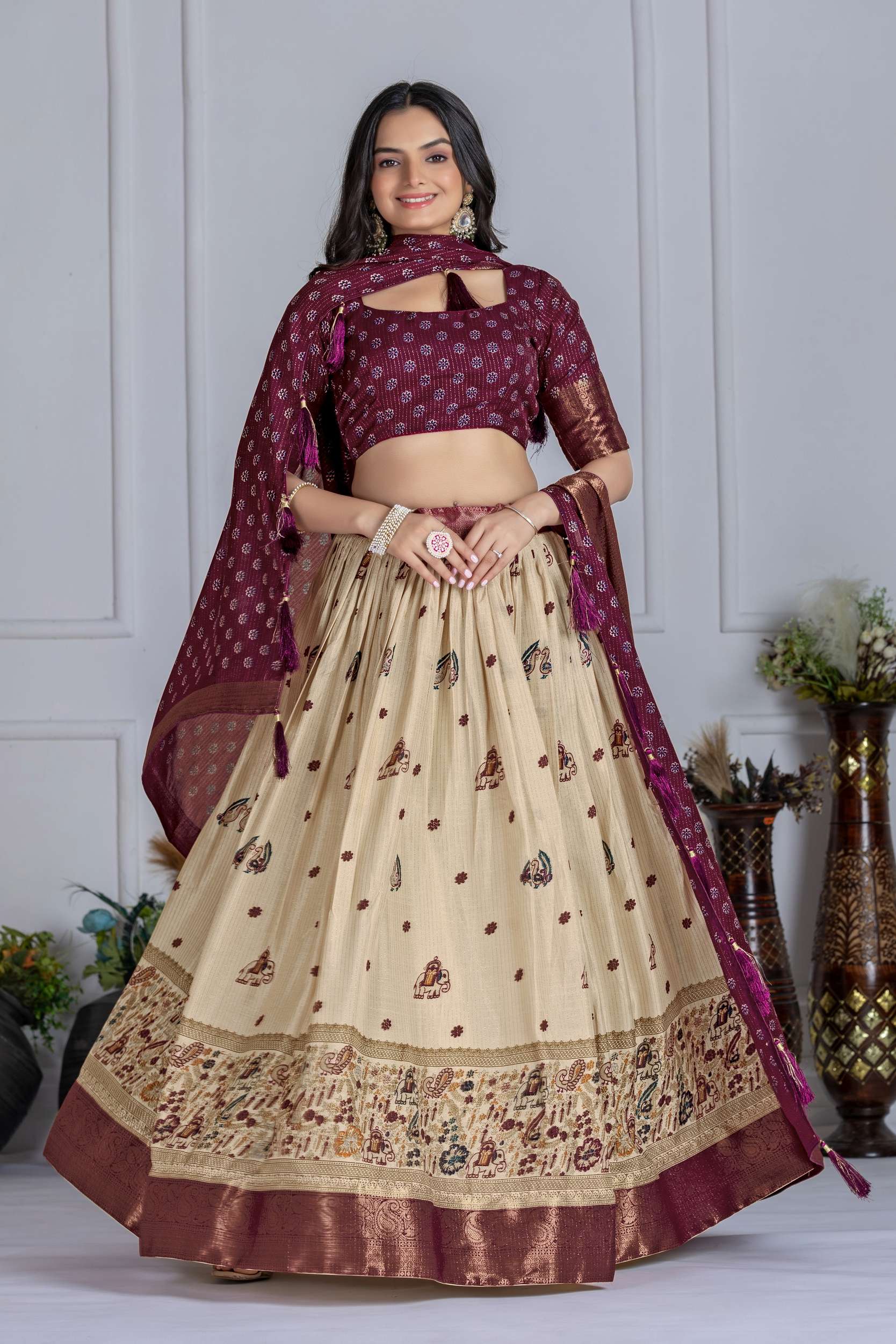 Royal Jacquard Lehenga Choli Set – Wine Royale Lehenga Set