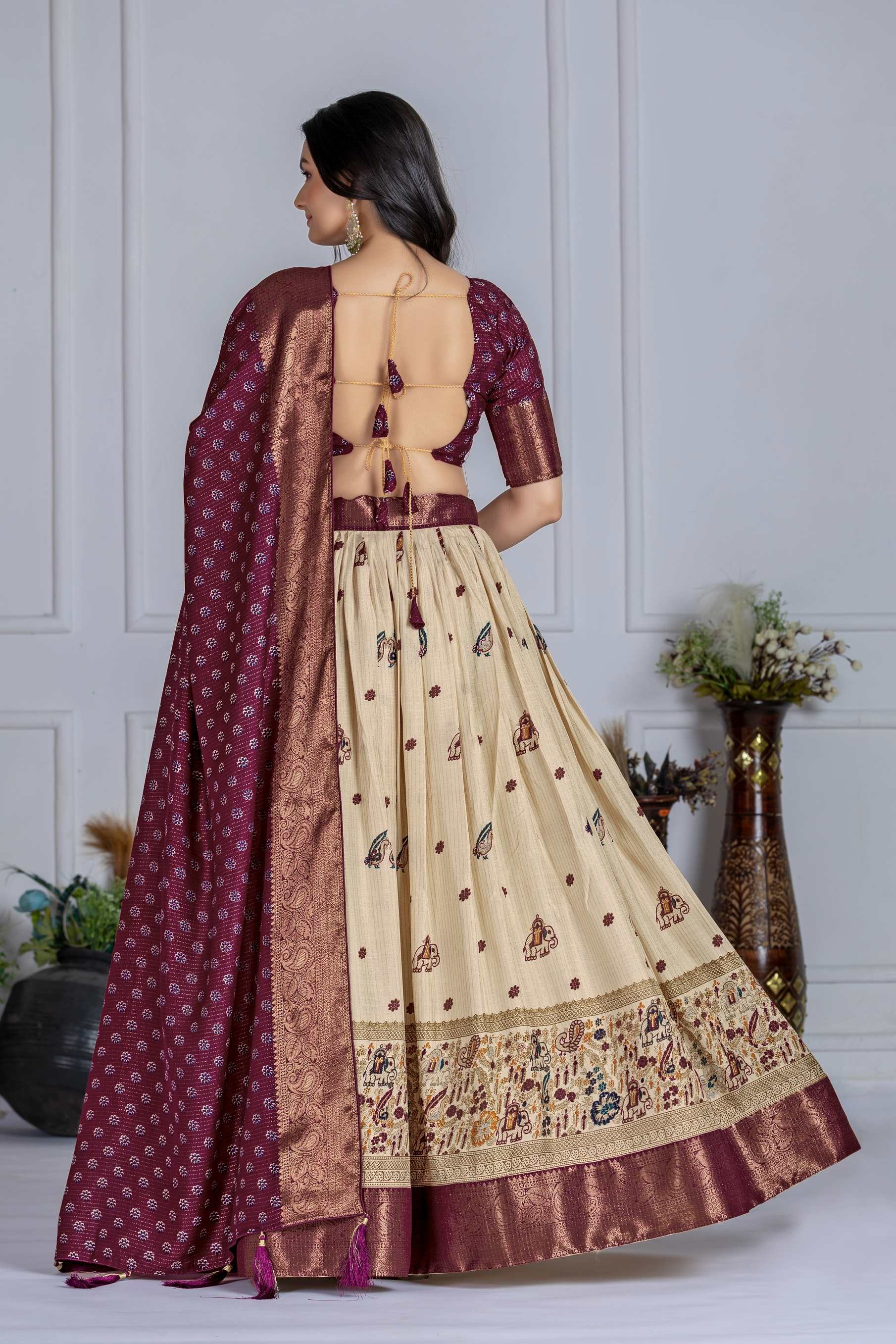 Royal Jacquard Lehenga Choli Set – Wine Royale Lehenga Set
