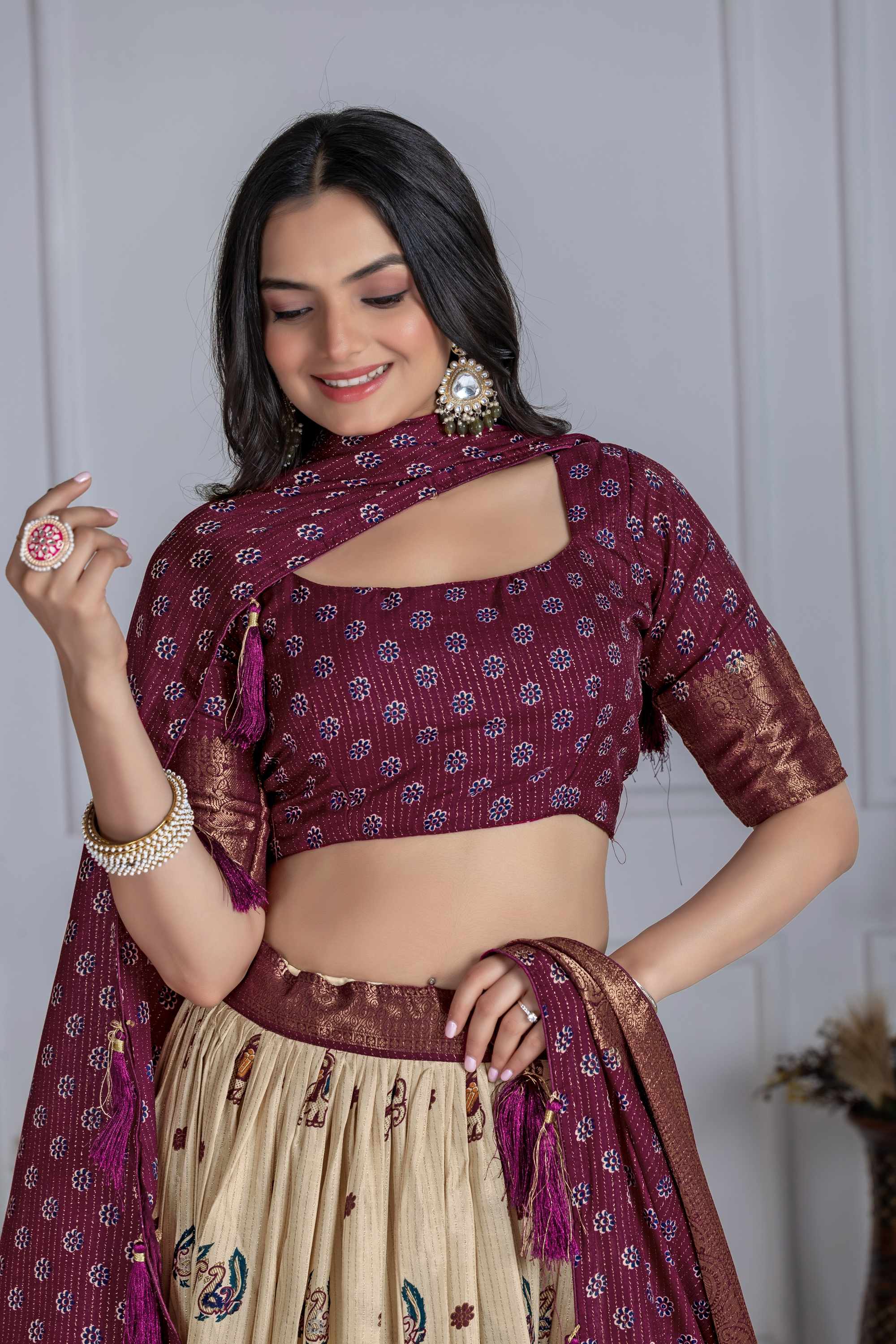 Royal Jacquard Lehenga Choli Set – Wine Royale Lehenga Set