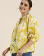 FLOWLESS FLORAL PRINTED RAYON YELLOW PEASANT TOP