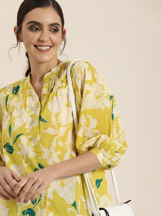 FLOWLESS FLORAL PRINTED RAYON YELLOW PEASANT TOP